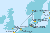 Visitando Estocolmo (Suecia), Tallin (Estonia), Riga (Letonia), Warnemunde (Alemania), Kiel (Alemania), Copenhague (Dinamarca), Oslo (Noruega), Ámsterdam (Holanda), Tilbury (Gran Bretaña), Zeebrugge (Bruselas), Le Havre (Francia)