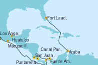 Visitando Los Ángeles (California), Manzanillo (México), Huatulco (México), San Juan del Sur (Nicaragua), Puntarenas (Costa Rica), Fuerte Amador (Panamá), Canal Panamá, Aruba (Antillas), Fort Lauderdale (Florida/EEUU)