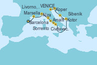 Visitando Barcelona, Marsella (Francia), Niza (Francia), Livorno, Pisa y Florencia (Italia), Civitavecchia (Roma), Sorrento (Nápoles/Italia), Amalfi (Italia), Kotor (Montenegro), Sibenik (Croacia), Koper (Eslovenia), VENICE (FUSINA) -  ITALY, VENICE (FUSINA) -  ITALY