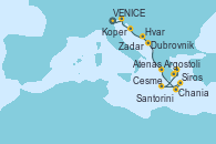 Visitando VENICE (FUSINA) -  ITALY, Koper (Eslovenia), Zadar (Croacia), Hvar (Croacia), Dubrovnik (Croacia), Argostoli (Grecia), Chania (Creta/Grecia), Santorini (Grecia), Cesme (Turquía), Siros (Grecia), Atenas (Grecia)