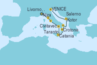 Visitando Niza (Francia), Livorno, Pisa y Florencia (Italia), Livorno, Pisa y Florencia (Italia), Civitavecchia (Roma), Salerno (Italia), Catania (Sicilia), Crotone (Italia), Taranto (Italia), Kotor (Montenegro), VENICE (FUSINA) -  ITALY, VENICE (FUSINA) -  ITALY