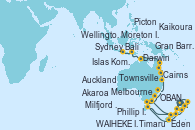 Visitando Auckland (Nueva Zelanda), WAIHEKE ISLAND, Wellington (Nueva Zelanda), Picton (Australia), Kaikoura (Nueva Zelanda), Akaroa (Nueva Zelanda), Timaru (Nueva Zelanda), OBAN (HALFMOON BAY), Milfjord Sound (Nueva Zelanda), Melbourne (Australia), Phillip Island, Eden (Nueva Gales), Sydney (Australia), Moreton Island (Australia), Townsville, Cairns (Australia), Gran Barrera de Coral (Australia), Darwin (Australia), Darwin (Australia), Islas Komodo (Indonesia), Bali (Indonesia), Bali (Indonesia)