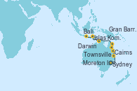 Visitando Sydney (Australia), Moreton Island (Australia), Townsville, Cairns (Australia), Gran Barrera de Coral (Australia), Darwin (Australia), Darwin (Australia), Islas Komodo (Indonesia), Bali (Indonesia), Bali (Indonesia)