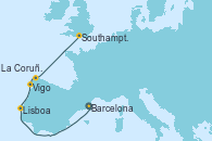 Visitando Barcelona, Lisboa (Portugal), Vigo (España), La Coruña (Galicia/España), Southampton (Inglaterra)