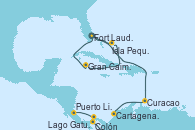 Visitando Fort Lauderdale (Florida/EEUU), Isla Pequeña (San Salvador/Bahamas), Gran Caimán (Islas Caimán), Fort Lauderdale (Florida/EEUU), Curacao (Antillas), Cartagena de Indias (Colombia), Lago Gatun (Panamá), Colón (Panamá), Puerto Limón (Costa Rica)