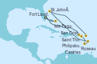 Visitando Fort Lauderdale (Florida/EEUU), Isla Pequeña (San Salvador/Bahamas), Fort Lauderdale (Florida/EEUU), Saint Thomas (Islas Vírgenes), San Cristóbal y Nieves, Roseau (Dominica), Castries (Santa Lucía/Caribe), St. John´s (Antigua y Barbuda), Philipsburg (St. Maarten)