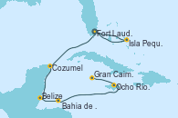 Visitando Fort Lauderdale (Florida/EEUU), Isla Pequeña (San Salvador/Bahamas), Fort Lauderdale (Florida/EEUU), Cozumel (México), Belize (Caribe), Bahia de Mahogany (Honduras), Ocho Ríos (Jamaica), Gran Caimán (Islas Caimán)