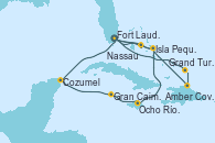 Visitando Fort Lauderdale (Florida/EEUU), Grand Turks(Turks & Caicos), Amber Cove (República Dominicana), Isla Pequeña (San Salvador/Bahamas), Fort Lauderdale (Florida/EEUU), Cozumel (México), Gran Caimán (Islas Caimán), Ocho Ríos (Jamaica), Isla Pequeña (San Salvador/Bahamas), Fort Lauderdale (Florida/EEUU), Nassau (Bahamas)