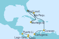 Visitando Fort Lauderdale (Florida/EEUU), Isla Pequeña (San Salvador/Bahamas), Montego Bay (Jamaica), Fort Lauderdale (Florida/EEUU), Curacao (Antillas), Cartagena de Indias (Colombia), Lago Gatun (Panamá), Colón (Panamá), Puerto Limón (Costa Rica)