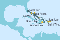Visitando Fort Lauderdale (Florida/EEUU), Nassau (Bahamas), San Juan (Puerto Rico), Saint Thomas (Islas Vírgenes), Isla Pequeña (San Salvador/Bahamas), Fort Lauderdale (Florida/EEUU), Grand Turks(Turks & Caicos), Amber Cove (República Dominicana), Isla Pequeña (San Salvador/Bahamas), Fort Lauderdale (Florida/EEUU), Amber Cove (República Dominicana)