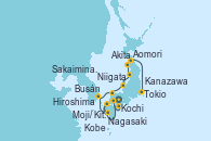 Visitando Kobe (Japón), Kobe (Japón), Kochi (Japón), Hiroshima (Japón), Moji/ Kitakyushu (Japón), Nagasaki (Japón), Busán (Corea del Sur), Sakaiminato (Japón), Kanazawa (Japón), Niigata (Japón), Akita (Japón), Aomori (Japón), Tokio (Japón), Tokio (Japón)