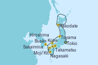 Visitando Tokio (Japón), Tokio (Japón), Hakodate (Japón), Toyama (Japón), Sakaiminato (Japón), Busán (Corea del Sur), Nagasaki (Japón), Moji/ Kitakyushu (Japón), Hiroshima (Japón), Takamatsu (Japón), Kobe (Japón), Kobe (Japón)