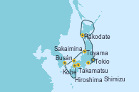 Visitando Tokio (Japón), Hakodate (Japón), Toyama (Japón), Sakaiminato (Japón), Busán (Corea del Sur), Busán (Corea del Sur), Hiroshima (Japón), Takamatsu (Japón), Kobe (Japón), Kobe (Japón), Shimizu (Japón), Tokio (Japón), Tokio (Japón)