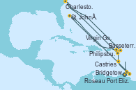 Visitando Bridgetown (Barbados), Castries (Santa Lucía/Caribe), Roseau (Dominica), Basseterre (Antillas), Charleston (Carolina del Sur), Philipsburg (St. Maarten), Virgin Gorda (Islas Virgenes), St. John´s (Antigua y Barbuda), Port Elizabeth (San Vicente y Granadinas), Bridgetown (Barbados)