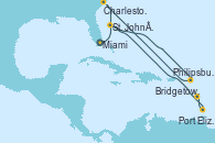 Visitando Miami (Florida/EEUU), St. John´s (Antigua y Barbuda), Philipsburg (St. Maarten), Charleston (Carolina del Sur), St. John´s (Antigua y Barbuda), Port Elizabeth (San Vicente y Granadinas), Bridgetown (Barbados)