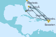 Visitando Miami (Florida/EEUU), IleRoyale, St. John´s (Antigua y Barbuda), Philipsburg (St. Maarten), St. John´s (Antigua y Barbuda), Basseterre (Antillas), Charleston (Carolina del Sur), Virgin Gorda (Islas Virgenes), Miami (Florida/EEUU)