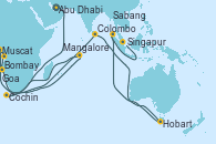 Visitando Abu Dhabi (Emiratos Árabes Unidos), Muscat (Omán), Bombay (India), Goa (India), Mangalore (India), Cochin (India), Colombo (Sri Lanka), Colombo (Sri Lanka), Hobart (Australia), Sabang (Indonesia), Singapur
