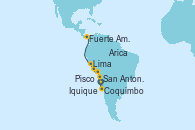 Visitando San Antonio (Chile), Coquimbo (Chile), Iquique (Chile), Arica (Chile), Pisco (Perú), Lima (Callao/Perú), Lima (Callao/Perú), Fuerte Amador (Panamá), Fuerte Amador (Panamá)