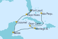 Visitando Fort Lauderdale (Florida/EEUU), Cayo Hueso (Key West/Florida), Fort Lauderdale (Florida/EEUU), Cozumel (México), Belize (Caribe), Montego Bay (Jamaica), Gran Caimán (Islas Caimán), Isla Pequeña (San Salvador/Bahamas)