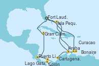 Visitando Fort Lauderdale (Florida/EEUU), Isla Pequeña (San Salvador/Bahamas), Aruba (Antillas), Cartagena de Indias (Colombia), Lago Gatun (Panamá), Colón (Panamá), Puerto Limón (Costa Rica), Gran Caimán (Islas Caimán), Fort Lauderdale (Florida/EEUU), Curacao (Antillas), Bonaire (Países Bajos), Aruba (Antillas), Isla Pequeña (San Salvador/Bahamas), Fort Lauderdale (Florida/EEUU)