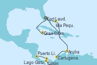 Visitando Fort Lauderdale (Florida/EEUU), Isla Pequeña (San Salvador/Bahamas), Gran Caimán (Islas Caimán), Fort Lauderdale (Florida/EEUU), Aruba (Antillas), Cartagena de Indias (Colombia), Lago Gatun (Panamá), Colón (Panamá), Puerto Limón (Costa Rica)