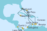 Visitando Fort Lauderdale (Florida/EEUU), Isla Pequeña (San Salvador/Bahamas), Gran Caimán (Islas Caimán), Fort Lauderdale (Florida/EEUU), Curacao (Antillas), Bonaire (Países Bajos), Aruba (Antillas), Isla Pequeña (San Salvador/Bahamas), Fort Lauderdale (Florida/EEUU), Aruba (Antillas), Cartagena de Indias (Colombia), Lago Gatun (Panamá), Colón (Panamá), Puerto Limón (Costa Rica)