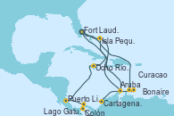 Visitando Fort Lauderdale (Florida/EEUU), Isla Pequeña (San Salvador/Bahamas), Aruba (Antillas), Cartagena de Indias (Colombia), Lago Gatun (Panamá), Colón (Panamá), Puerto Limón (Costa Rica), Ocho Ríos (Jamaica), Fort Lauderdale (Florida/EEUU), Curacao (Antillas), Bonaire (Países Bajos), Aruba (Antillas), Isla Pequeña (San Salvador/Bahamas), Fort Lauderdale (Florida/EEUU)
