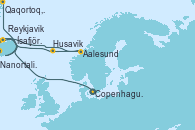 Visitando Copenhague (Dinamarca), Reykjavik (Islandia), Aalesund (Noruega), Husavik (Islandia), Ísafjörður (Islandia), Nanortalik (Groenlandia), Qaqortoq, Greeland