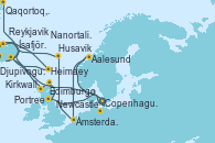 Visitando Copenhague (Dinamarca), Reykjavik (Islandia), Heimaey (Islas Westmann/Islandia), Djupivogur (Islandia), Portree (Reino Unido), Kirkwall (Escocia), Edimburgo (Escocia), Edimburgo (Escocia), Newcastle (Reino Unido), Aalesund (Noruega), Ámsterdam (Holanda), Husavik (Islandia), Ísafjörður (Islandia), Nanortalik (Groenlandia), Qaqortoq, Greeland