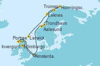 Visitando Ámsterdam (Holanda), Portree (Reino Unido), Invergordon (Escocia), Edimburgo (Escocia), Ámsterdam (Holanda), Aalesund (Noruega), Trondheim (Noruega), Honningsvag (Noruega), Tromso (Noruega), Leknes (Noruega), Lerwick (Escocia)