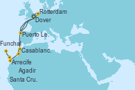 Visitando Dover (Inglaterra), Rotterdam (Holanda), Puerto Leixões (Portugal), Dover (Inglaterra), Casablanca (Marruecos), Agadir (Marruecos), Arrecife (Lanzarote/España), Santa Cruz de Tenerife (España), Funchal (Madeira)