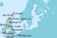Visitando Rotterdam (Holanda), Dun Laoghaire (Dublin/Irlanda), Ringaskiddy (Irlanda), Dover (Inglaterra), Rotterdam (Holanda), Newcastle (Reino Unido), Invergordon (Escocia), Lerwick (Escocia), Stornoway (Isla de Lewis/Escocia), Belfast (Irlanda), Greenock (Escocia), Isla de Mann (Reino Unido)
