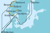 Visitando Rotterdam (Holanda), Kristiansand (Noruega), Stavanger (Noruega), Skjolden (Noruega), Rotterdam (Holanda), Eidfjord (Hardangerfjord/Noruega), Aalesund (Noruega), Nordfjordeid, Bergen (Noruega), Rotterdam (Holanda), Oslo (Noruega)