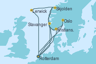 Visitando Rotterdam (Holanda), Stavanger (Noruega), Oslo (Noruega), Rotterdam (Holanda), Kristiansand (Noruega), Skjolden (Noruega), Lerwick (Escocia), Rotterdam (Holanda), Skjolden (Noruega)