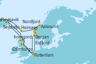 Visitando Reykjavik (Islandia), Heimaey (Islas Westmann/Islandia), Aalesund (Noruega), Nordfjordeid, Bergen (Noruega), Rotterdam (Holanda), Seydisfjordur (Islandia), Invergordon (Escocia), Edimburgo (Escocia), Rotterdam (Holanda), Eidfjord (Hardangerfjord/Noruega)