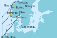 Visitando Rotterdam (Holanda), Oslo (Noruega), Kristiansand (Noruega), Stavanger (Noruega), Rotterdam (Holanda), Eidfjord (Hardangerfjord/Noruega), Aalesund (Noruega), Nordfjordeid, Bergen (Noruega), Rotterdam (Holanda), Copenhague (Dinamarca)