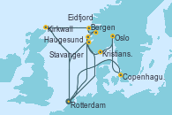 Visitando Rotterdam (Holanda), Eidfjord (Hardangerfjord/Noruega), Bergen (Noruega), Kirkwall (Escocia), Rotterdam (Holanda), Copenhague (Dinamarca), Oslo (Noruega), Kristiansand (Noruega), Stavanger (Noruega), Rotterdam (Holanda), Haugesund (Noruega)