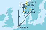 Visitando Rotterdam (Holanda), Aalesund (Noruega), Olden (Noruega), SANDNESS (STAVANGER), Rotterdam (Holanda), Oslo (Noruega), SANDNESS (STAVANGER), Skjolden (Noruega), Rotterdam (Holanda), Eidfjord (Hardangerfjord/Noruega)
