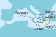 Visitando Barcelona, Estambul (Turquía), Estambul (Turquía), Atenas (Grecia), La Valletta (Malta), Alejandría (Egipto), Alejandría (Egipto), Limassol (Chipre), Rodas (Grecia), Kusadasi (Efeso/Turquía)