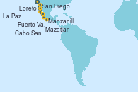 Visitando San Diego (California/EEUU), San Diego (California/EEUU), Puerto Vallarta (México), Manzanillo (México), Mazatlan (México), Loreto (México), La Paz (México), Cabo San Lucas (México)