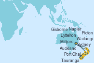 Visitando Sydney (Australia), Auckland (Nueva Zelanda), Waitangi (Islas Bay/Nueva Zelanda), Sydney (Australia), Milfjord Sound (Nueva Zelanda), Port Chalmers (Nueva Zelanda), Lyttelton (Nueva Zelanda), Picton (Australia), Napier (Nueva Zelanda), Gisborne (Nueva Zelanda), Tauranga (Nueva Zelanda)