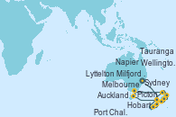 Visitando Sydney (Australia), Picton (Australia), Wellington (Nueva Zelanda), Napier (Nueva Zelanda), Tauranga (Nueva Zelanda), Auckland (Nueva Zelanda), Melbourne (Australia), Hobart (Australia), Milfjord Sound (Nueva Zelanda), Port Chalmers (Nueva Zelanda), Lyttelton (Nueva Zelanda)