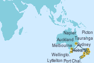 Visitando Auckland (Nueva Zelanda), Tauranga (Nueva Zelanda), Hobart (Australia), Melbourne (Australia), Sydney (Australia), Napier (Nueva Zelanda), Wellington (Nueva Zelanda), Picton (Australia), Lyttelton (Nueva Zelanda), Port Chalmers (Nueva Zelanda)