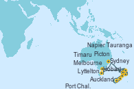 Visitando Auckland (Nueva Zelanda), Tauranga (Nueva Zelanda), Hobart (Australia), Melbourne (Australia), Sydney (Australia), Napier (Nueva Zelanda), Picton (Australia), Lyttelton (Nueva Zelanda), Timaru (Nueva Zelanda), Port Chalmers (Nueva Zelanda)
