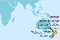 Visitando Sydney (Australia), Auckland (Nueva Zelanda), Waitangi (Islas Bay/Nueva Zelanda), Sydney (Australia), Milfjord Sound (Nueva Zelanda), Port Chalmers (Nueva Zelanda), Lyttelton (Nueva Zelanda), Wellington (Nueva Zelanda), Napier (Nueva Zelanda), Gisborne (Nueva Zelanda), Tauranga (Nueva Zelanda)