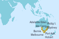 Visitando Sydney (Australia), Melbourne (Australia), Eden (Nueva Gales), Sydney (Australia), Phillip Island, Burnie (Tasmania/Australia), Adelaide (Australia), Isla Canguro (Australia), Hobart (Australia), Port Arthur (Tasmania/Australia)