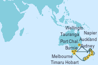 Visitando Auckland (Nueva Zelanda), Tauranga (Nueva Zelanda), Burnie (Tasmania/Australia), Melbourne (Australia), Sydney (Australia), Napier (Nueva Zelanda), Wellington (Nueva Zelanda), Timaru (Nueva Zelanda), Port Chalmers (Nueva Zelanda), Hobart (Australia)