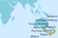 Visitando Sydney (Australia), Wellington (Nueva Zelanda), Napier (Nueva Zelanda), Tauranga (Nueva Zelanda), Waitangi (Islas Bay/Nueva Zelanda), Auckland (Nueva Zelanda), Melbourne (Australia), Burnie (Tasmania/Australia), Milfjord Sound (Nueva Zelanda), Port Chalmers (Nueva Zelanda), Timaru (Nueva Zelanda)