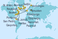 Visitando Ijmuiden (Ámsterdam), Djupivogur (Islandia), Akureyri (Islandia), Ísafjörður (Islandia), Reykjavik (Islandia), Reykjavik (Islandia), Nanortalik (Groenlandia), Edimburgo (Escocia), Qaqortoq, Greeland, Paamiut (Groenlandia), St. Anthony (Canadá), St. John´s (Antigua y Barbuda), San Pedro y Miquelón (Francia), Halifax (Canadá), Portland (Maine/Estados Unidos), Boston (Massachusetts), Fort Lauderdale (Florida/EEUU), Eidfjord (Hardangerfjord/Noruega), Trondheim (Noruega), Tromso (Noruega), Honningsvag (Noruega)