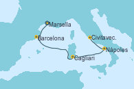 Visitando Marsella (Francia), Barcelona, Cagliari (Cerdeña), Nápoles (Italia), Civitavecchia (Roma)